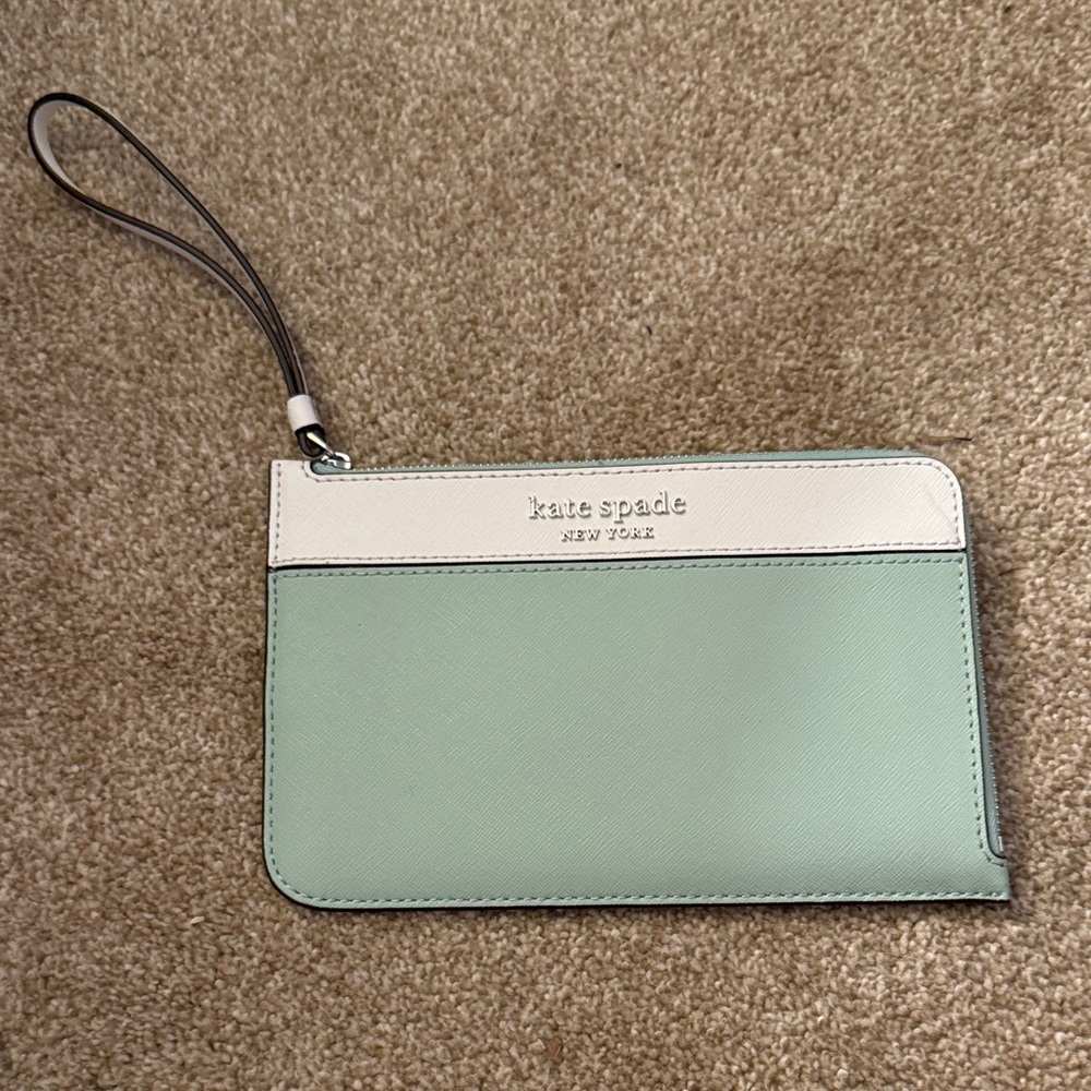 kate spade Mint Green and White Leather Wristlet with Zip Pocket